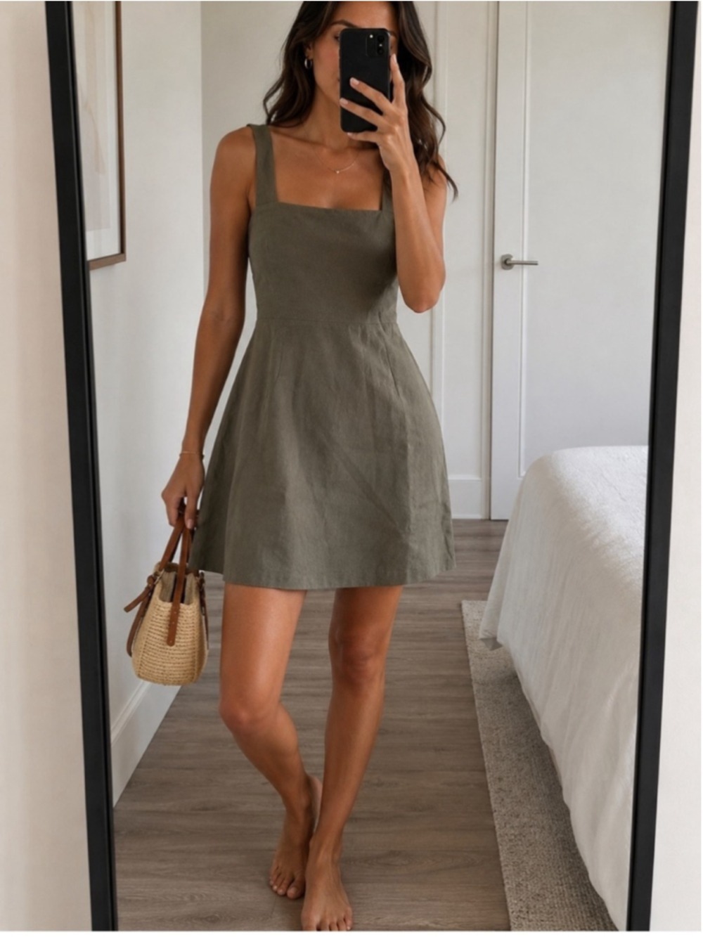 THEORY LINEN BLEND CALIVER MINI DRESS IN Fern Size 4